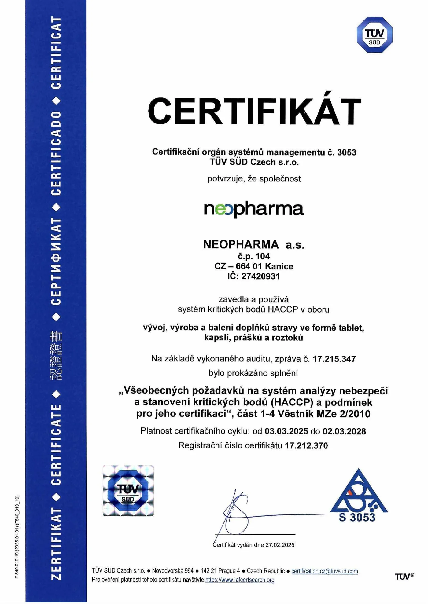 Certifikát HACCP – NEOPHARMA a.s.