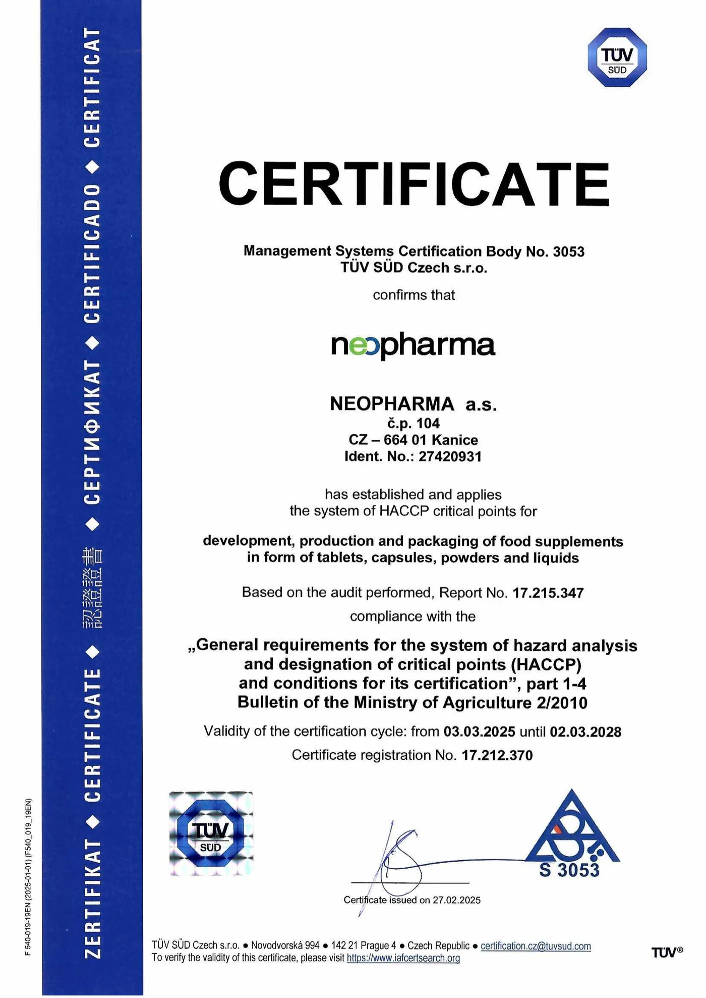 HACCP certificate – NEOPHARMA a.s.