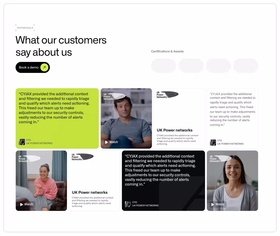 Customer testimonial section titled 'What our customers say about us' featuring repeated quotes from UK Power Networks' CTO praising CYJAX for improving security alert triage, with video thumbnails of representatives.