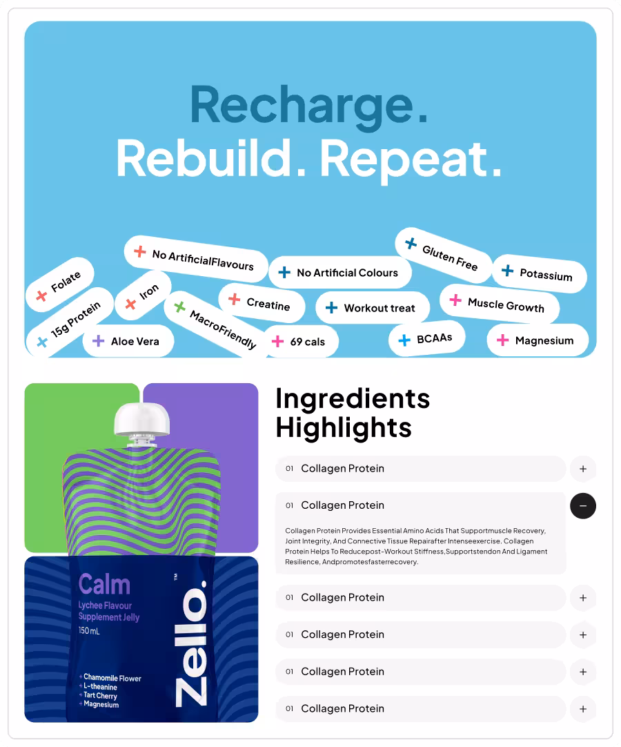 Product packaging and ingredients highlights for Zello Calm lychee flavor supplement jelly with benefits and nutritional features listed above.