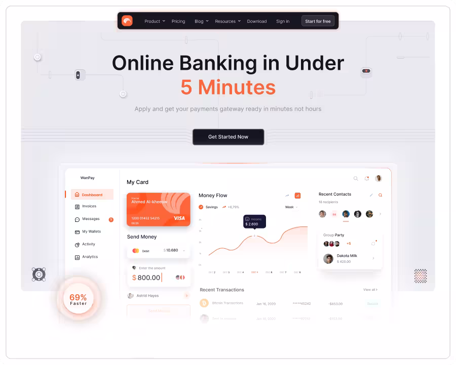 Online banking dashboard interface showing card details, money flow graph, recent transactions, and send money option with a highlighted text 'Online Banking in Under 5 Minutes'.