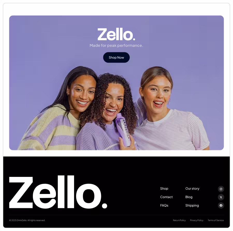Three smiling women posing together, one holding a purple Zello water bottle, with Zello branding and a Shop Now button above them.