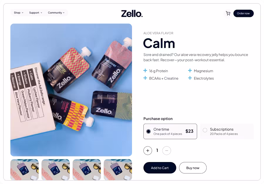 Zello Calm aloe vera recovery jelly product page displaying packaging and purchase options with benefits like protein, magnesium, and electrolytes.