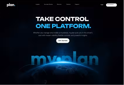 Website homepage with headline 'Take Control One Platform' above a glowing earth and a 'Get Started' button.