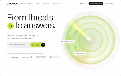 Website landing page showing a green radar screen highlighting threat actors and fraud alerts with text promoting clear threat intelligence and a call-to-action button to get a demo.
