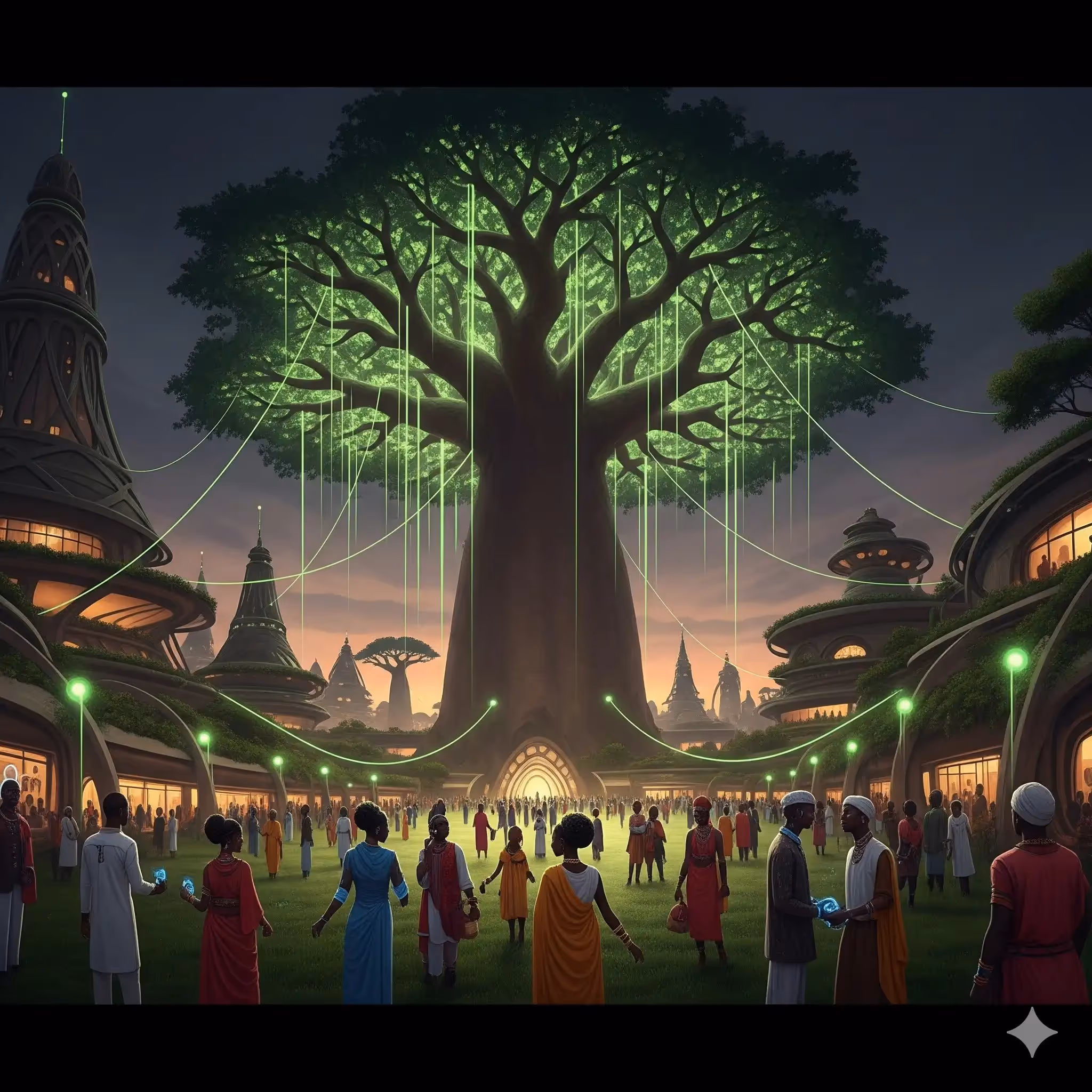 Panoramic Afro-futuristic community gathering at twilight — massive central Baobab tree with glowing green fibre-optic branches connecting organic buildings, diverse people in elegant modern African attire, symbolising Mashiane Attorneys’ Ubuntu values and community-rooted digital ethics