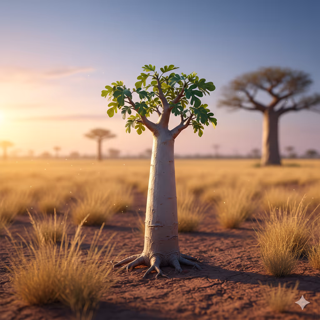 Stage 1: Foundational Roots (The Sapling): The images of the young Baobab saplings in the sunlit savannah represent the "Compliance by Design" phase. Just as a sapling requires deep roots to survive, a business requires a secure legal and data foundation.