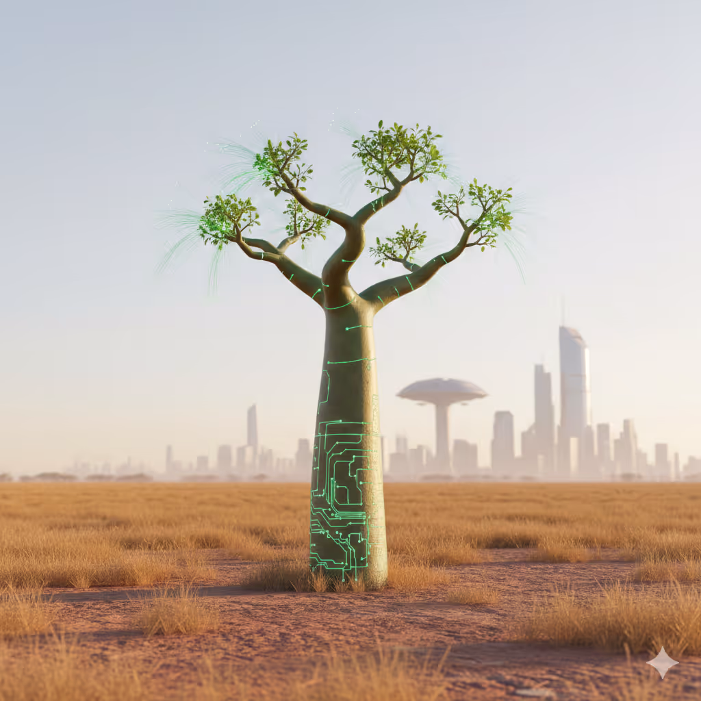 A horizontal three-part infographic showing the growth stages of a Baobab tree. The first stage shows a small, delicate sapling with glowing green circuit-like roots. The second stage shows a young, thickening tree with more complex digital veins in its trunk. The third stage shows a massive, mature Baobab with a vast canopy, its entire structure integrated with glowing emerald-green circuitry. The background is a consistent golden savannah under a bright sky, symbolizing the progression from inception to full-scale digital maturity.