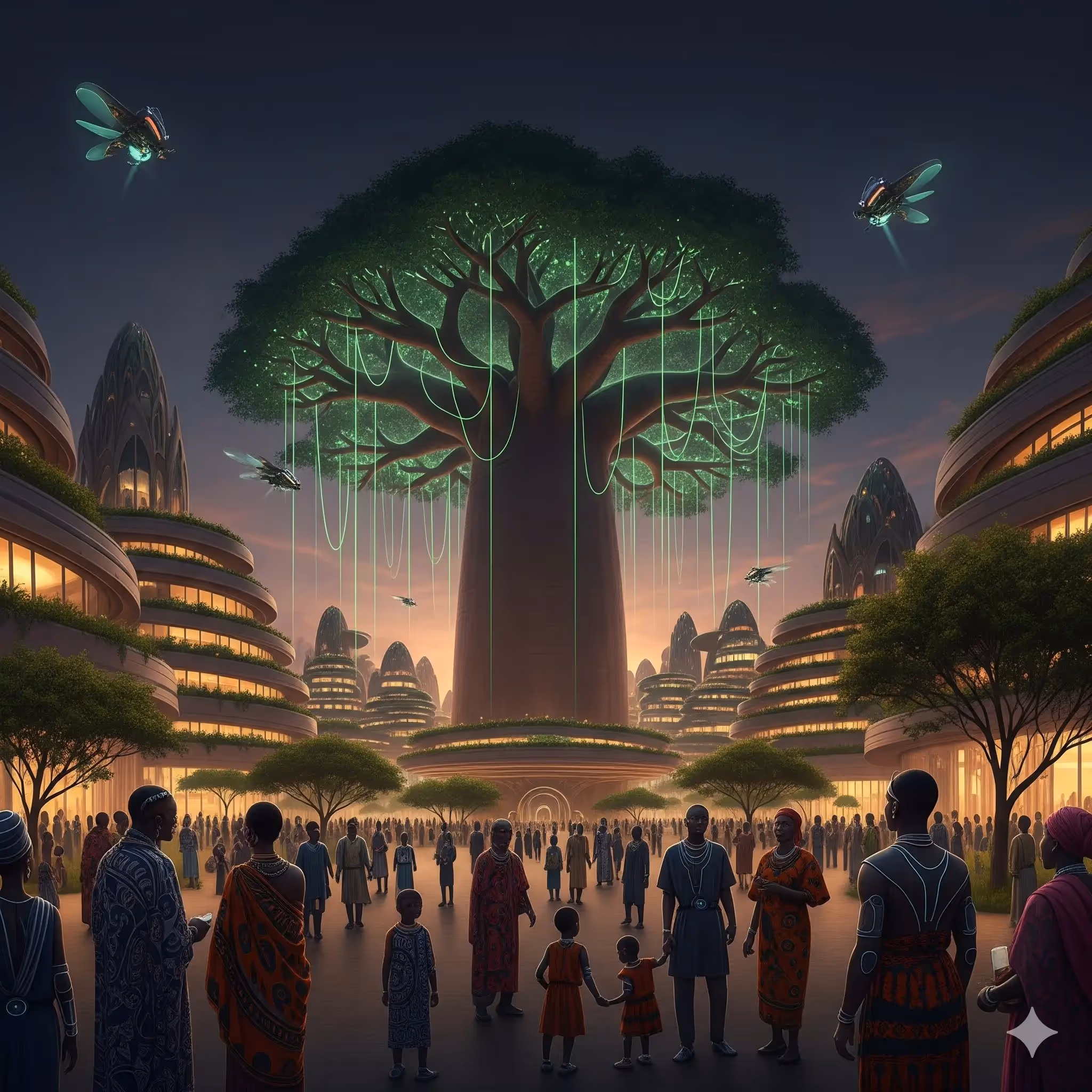A vibrant digital illustration of an Afro-futuristic city square at dusk, representing the firm's operational philosophy. In the center, a monumental Baobab tree glows with intricate green neon circuit patterns woven into its bark and hanging vines. A large, diverse community of people in modern and traditional African attire interact with floating holographic interfaces and data displays. The surrounding architecture features organic, earth-toned curves and glowing windows, illustrating a high-tech society rooted in community and ethical data management.