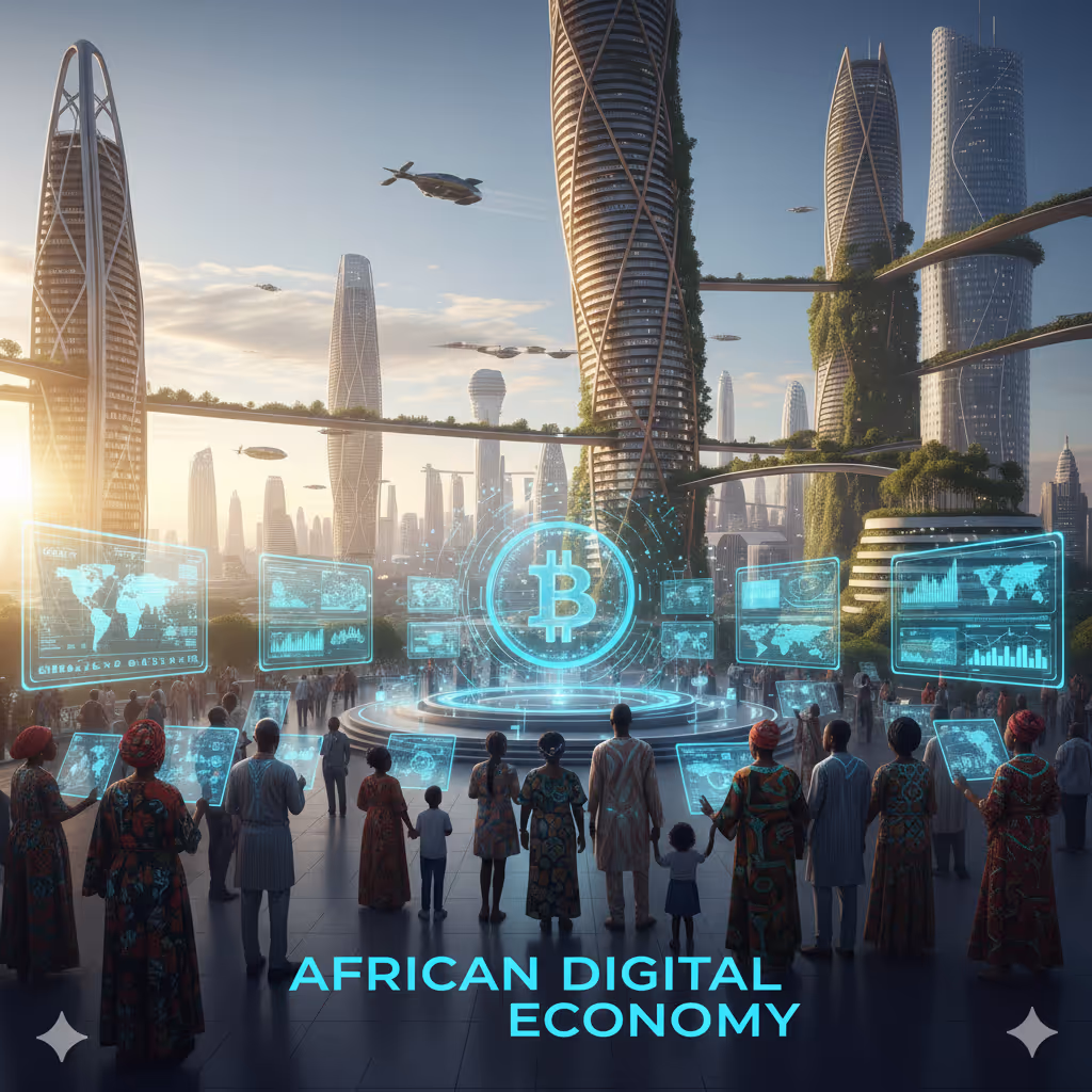 A conceptual digital illustration of an Afro-futuristic city square integrated with the digital economy. In the center, a monumental Baobab tree glows with intricate green neon circuit patterns woven into its bark. A diverse community of people interact with floating holographic data interfaces displaying market analytics and secure network grids. The surrounding architecture features organic curves and glowing windows, symbolizing a high-tech society rooted in ethical data governance and community connectivity.