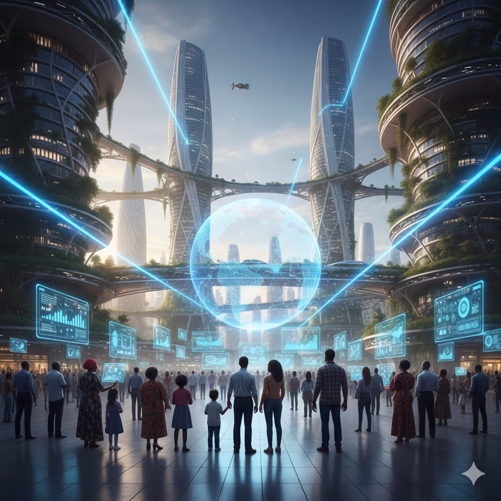A conceptual digital illustration of an Afro-futuristic city square integrated with the digital economy. In the center, a monumental Baobab tree glows with intricate green neon circuit patterns woven into its bark. A diverse community of people interact with floating holographic data interfaces displaying market analytics and secure network grids. The surrounding architecture features organic curves and glowing windows, symbolizing a high-tech society rooted in ethical data governance and community connectivity.