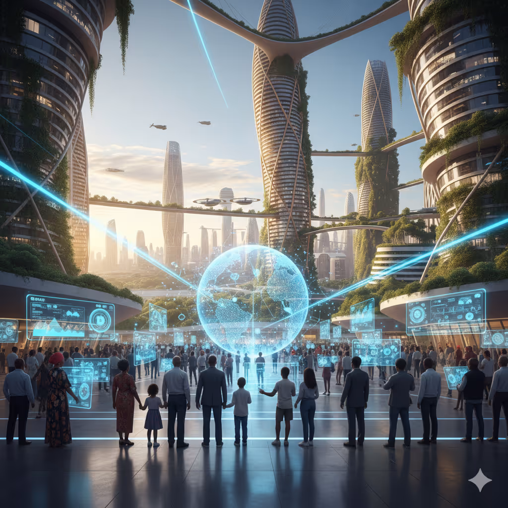A conceptual digital illustration of an Afro-futuristic city square integrated with the digital economy. In the center, a monumental Baobab tree glows with intricate green neon circuit patterns woven into its bark. A diverse community of people interact with floating holographic data interfaces displaying market analytics and secure network grids. The surrounding architecture features organic curves and glowing windows, symbolizing a high-tech society rooted in ethical data governance and community connectivity.