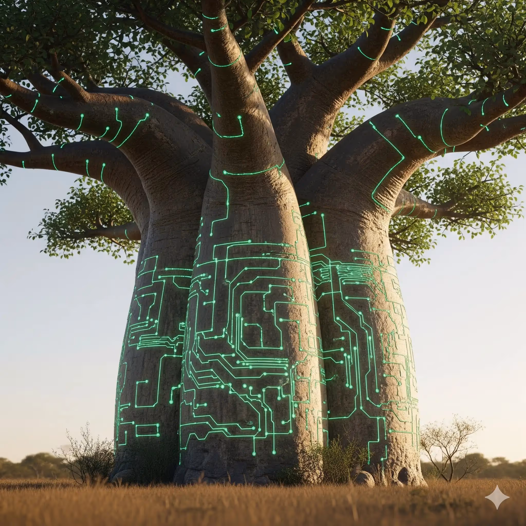 Stage 3: Sustainable Maturity (The Afro-Futuristic City): The final images show massive, circuit-integrated Baobabs standing at the heart of thriving, high-tech cities. This symbolizes the ultimate goal: a resilient, ethically governed ecosystem that supports multi-generational prosperity and innovation.