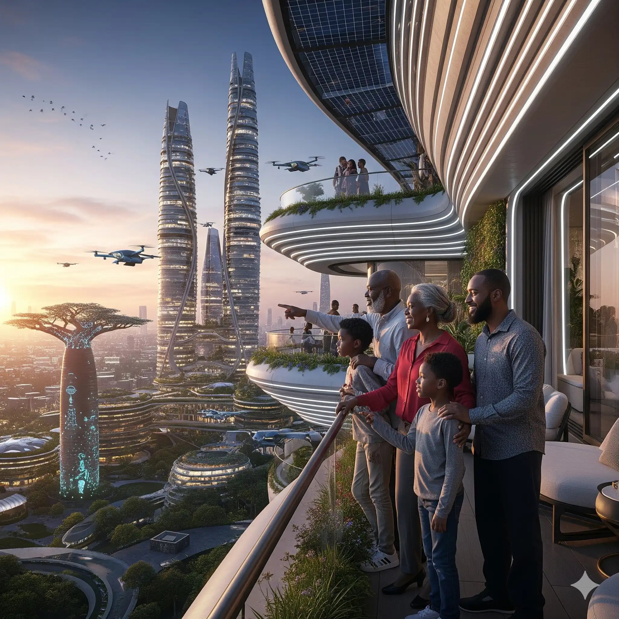 Afro-futuristic city at sunset — multi-generational Black family on a curved balcony overlooking spiraling Baobab-inspired skyscrapers and flying drones, representing Mashiane Attorneys' vision of legal excellence in a data-governed African future