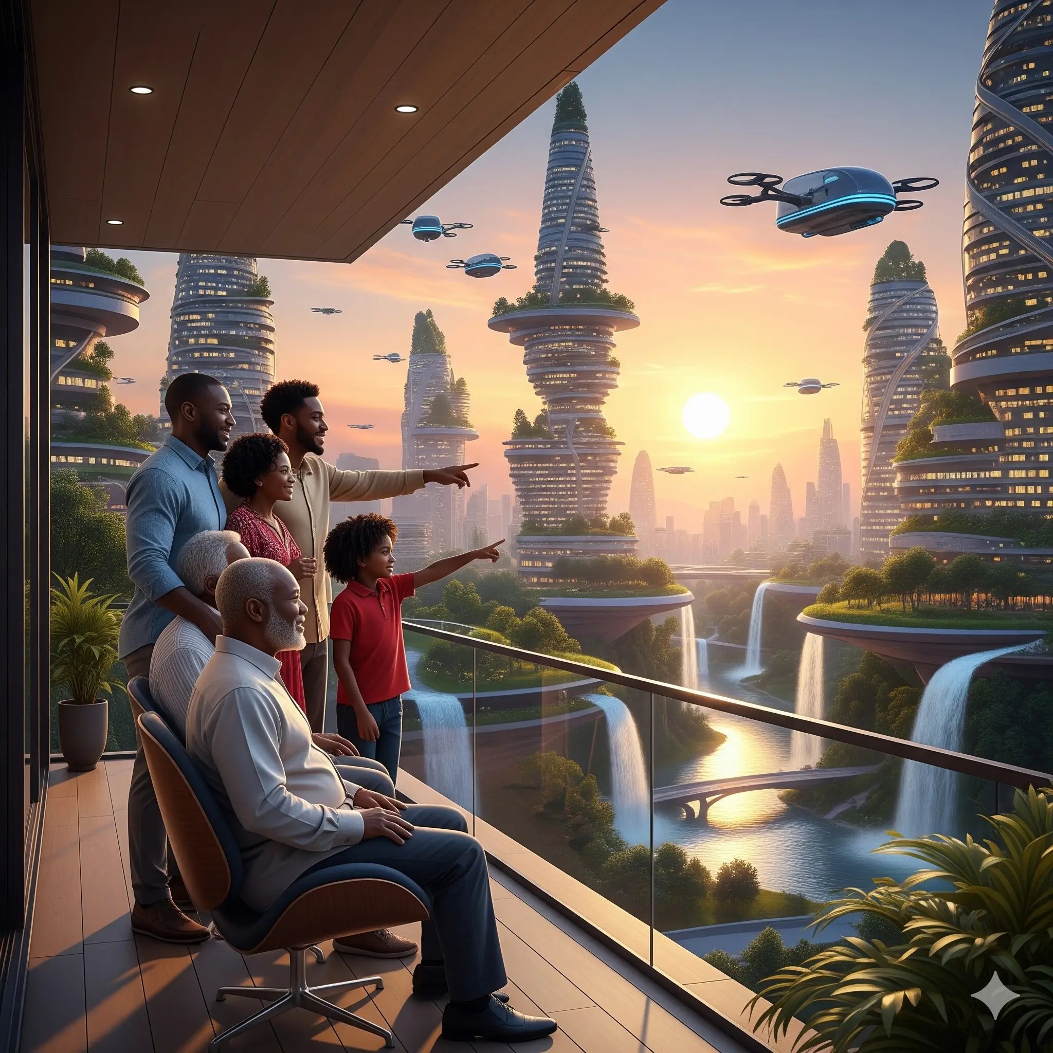 Multi-generational Black family on a modern balcony at sunset — senior patriarch seated while family members overlook an eco-futuristic city with spiraling skyscrapers, vertical forests, waterfalls and aerial vehicles — representing Mashiane Attorneys' GRC strategy vision