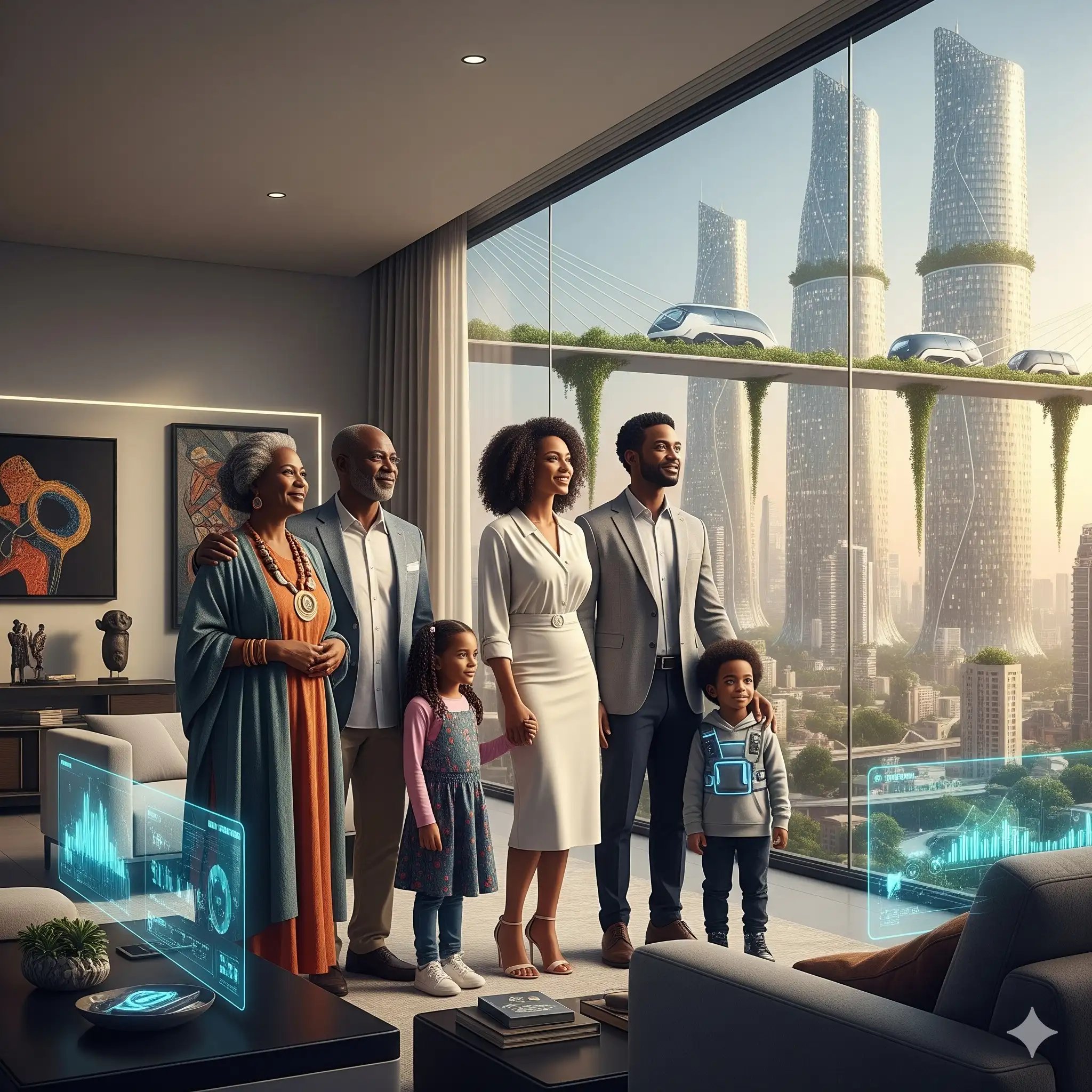 Multi-generational Black family in a luxury modern apartment with floor-to-ceiling windows, holographic blue data interfaces projected over a coffee table, overlooking an Afro-futuristic city with elevated transit and urban greenery — representing Mashiane Attorneys' estates and legacy planning vision