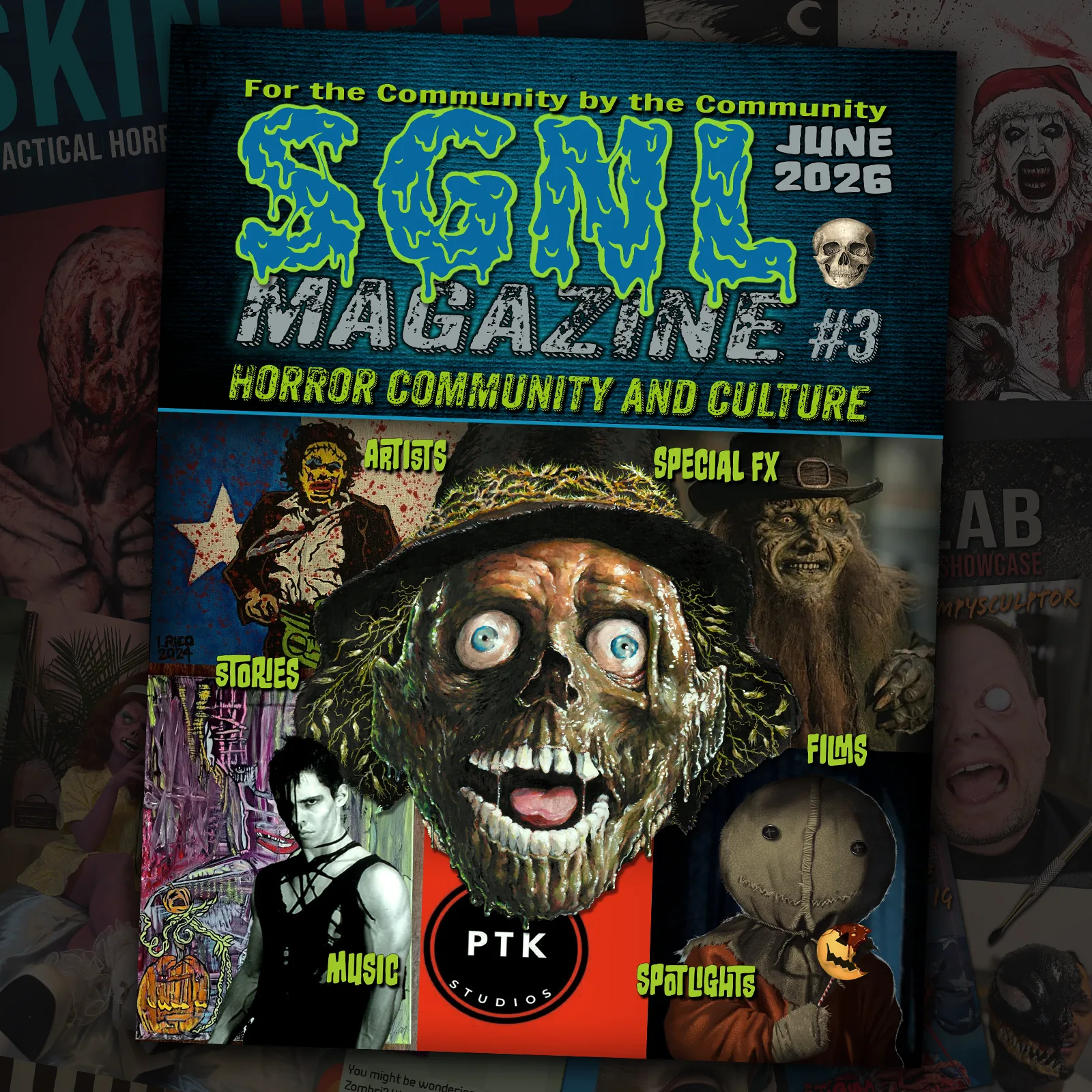 SGNL Magazine Issue 3 showcase featuring the cover and horror community artwork