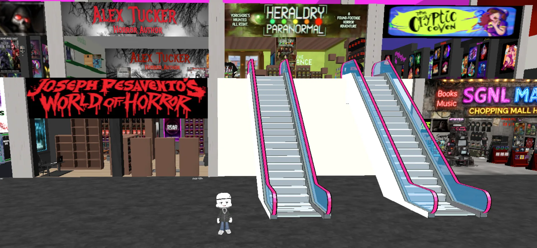Interior of the SGNL Chopping Mall virtual environment with creator storefronts, escalators, and community spaces