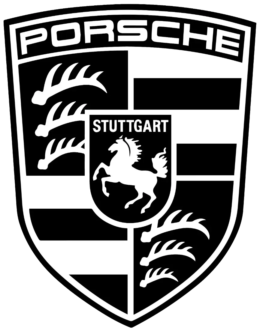 Porsche black and white shield logo with horse and 'Stuttgart' text in center.