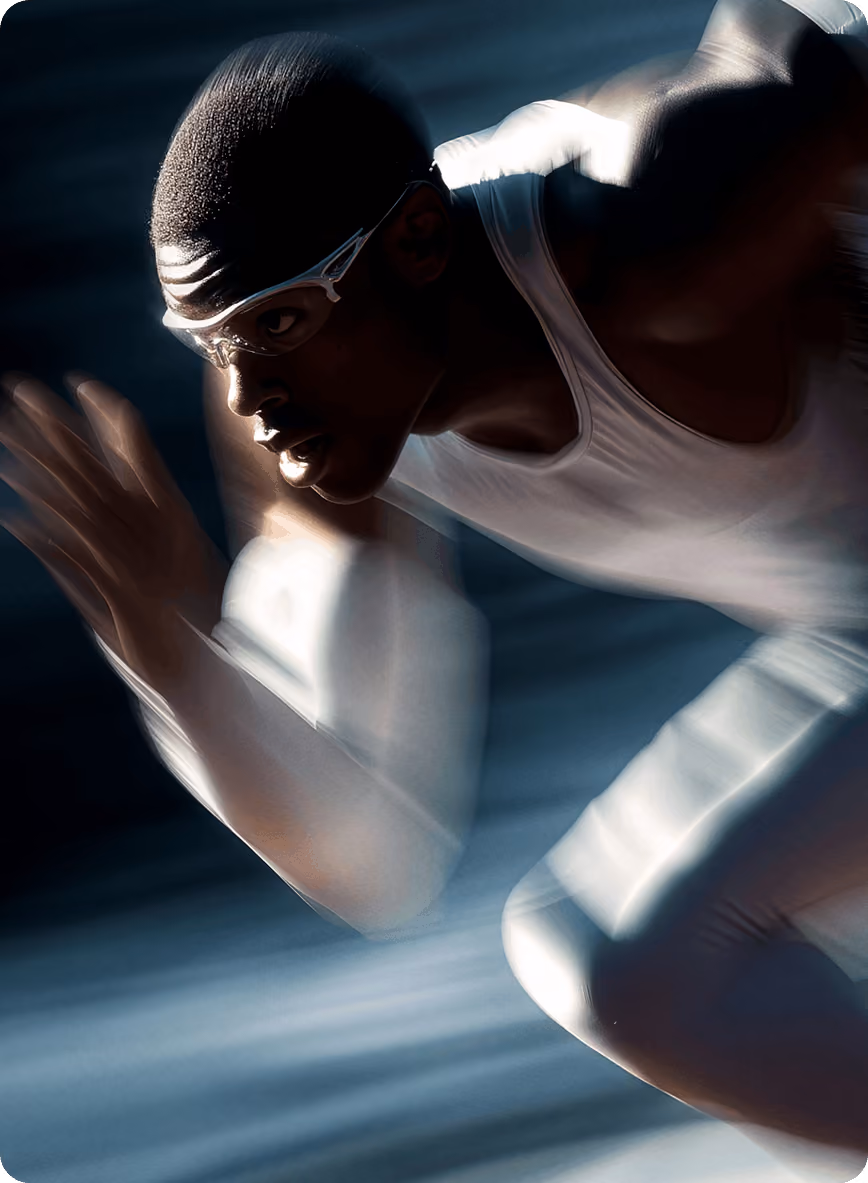 Athlete in white running with motion blur wearing sports glasses in a dark background.