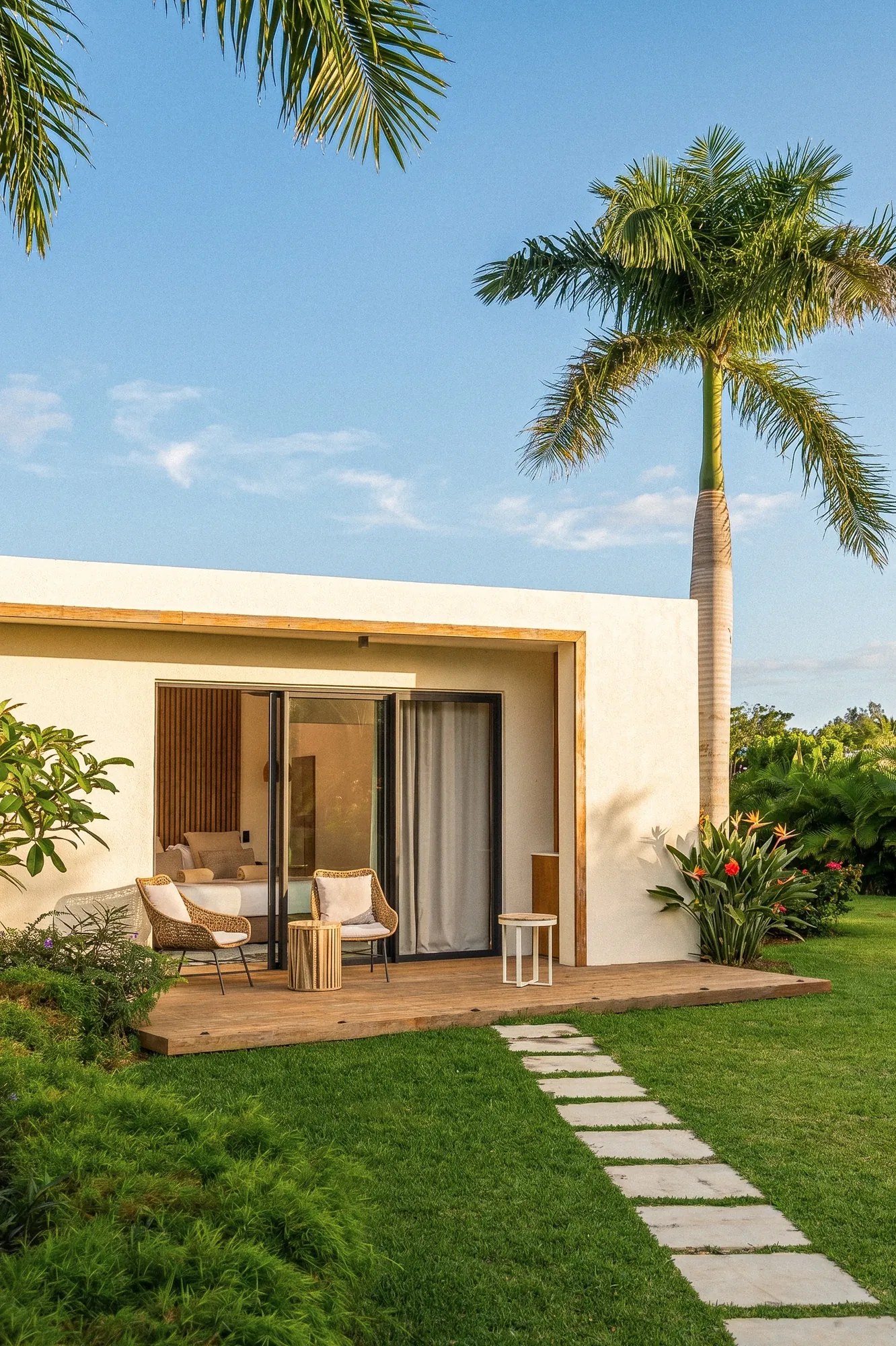 Bungalow ouvert sur une terrasse en bois, au milieu d'un jardin tropical