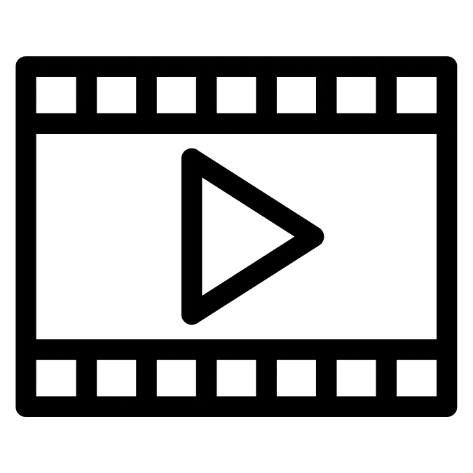 Black play button inside a filmstrip frame icon.