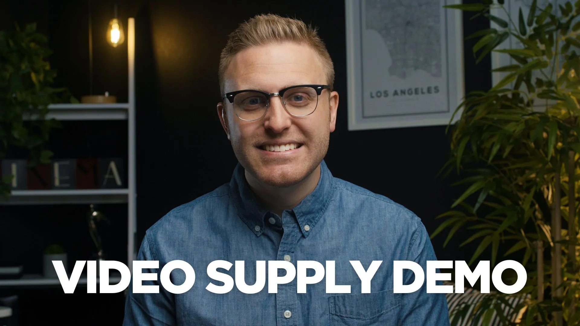 Smiling man with glasses and blond hair wearing a blue button-up shirt in a dimly lit room with plants and a Los Angeles map in the background, with text 'VIDEO SUPPLY DEMO'.