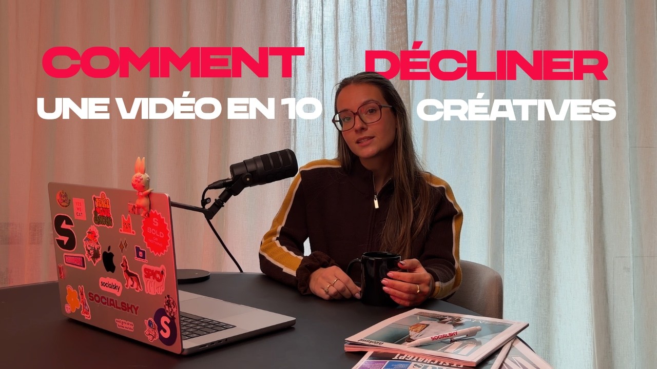 Giusi, de l'équipe socialsky, face caméra derrière un micro et un ordinateur, avec le titre « Comment décliner une vidéo en 10 créatives »