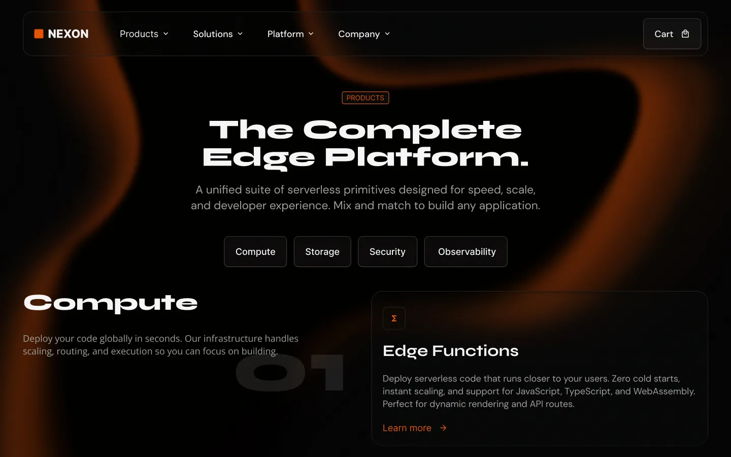 Nexon website section highlighting their Complete Edge Platform with features like Compute, Storage, Security, and Observability, and details on Edge Functions for serverless code deployment.