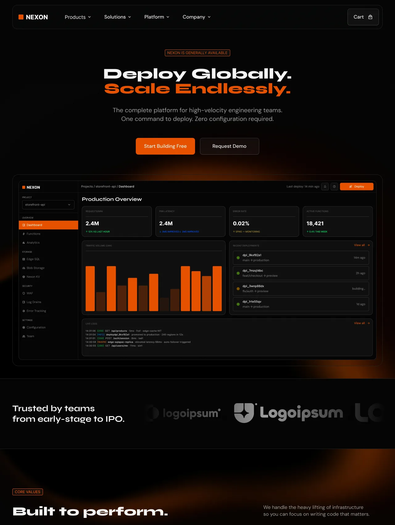 NEXON website homepage with a dark theme showing the slogan 'Deploy Globally. Scale Endlessly.', a dashboard overview of production metrics, and trust statement from early-stage to IPO teams.