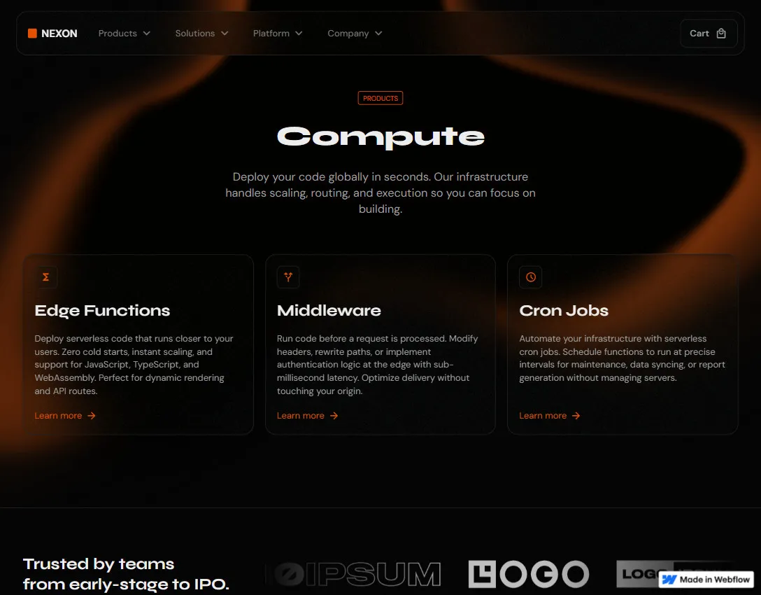 Nexon Compute product page highlighting Edge Functions, Middleware, and Cron Jobs with brief descriptions and navigation menu.