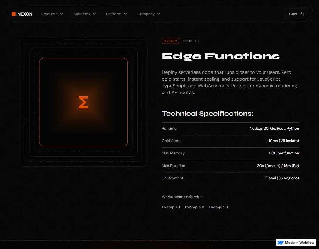 NEXON Edge Functions product page showing features and technical specifications like runtime languages, cold start time, max memory, duration, and global deployment regions.
