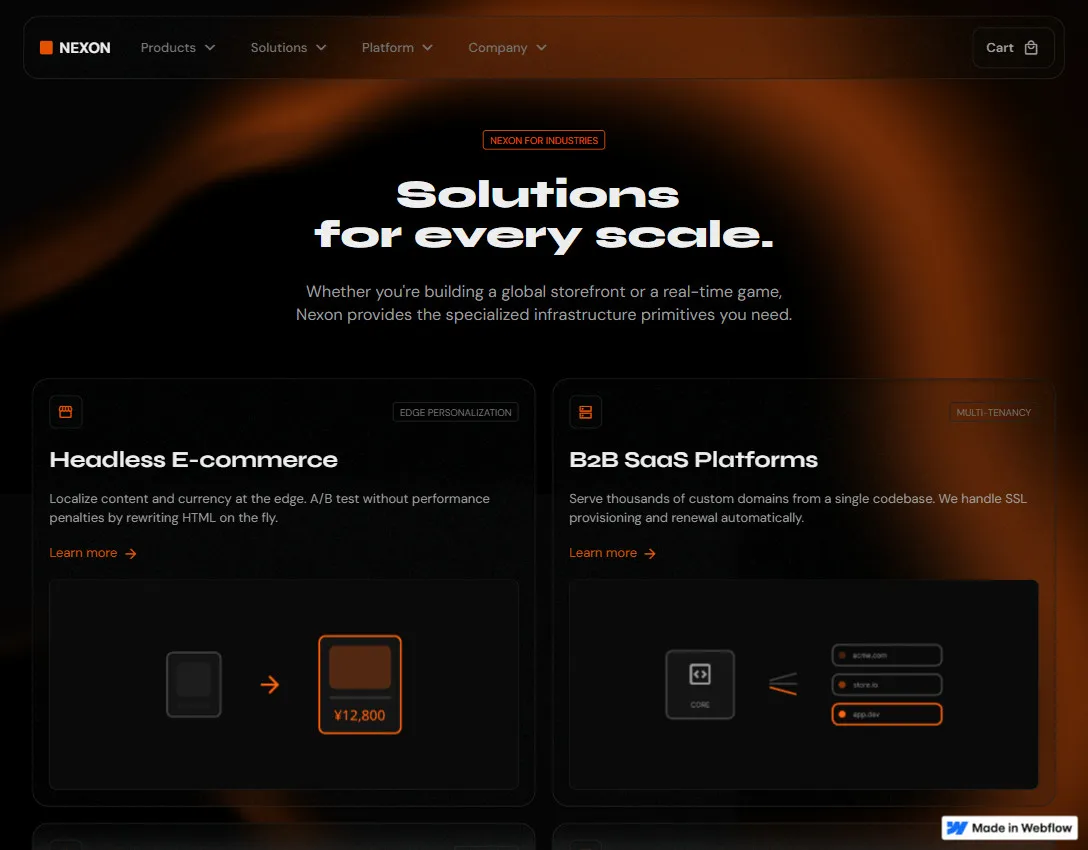 Nexon website section titled 'Solutions for every scale' offering Headless E-commerce and B2B SaaS Platforms with descriptions and learn more links.