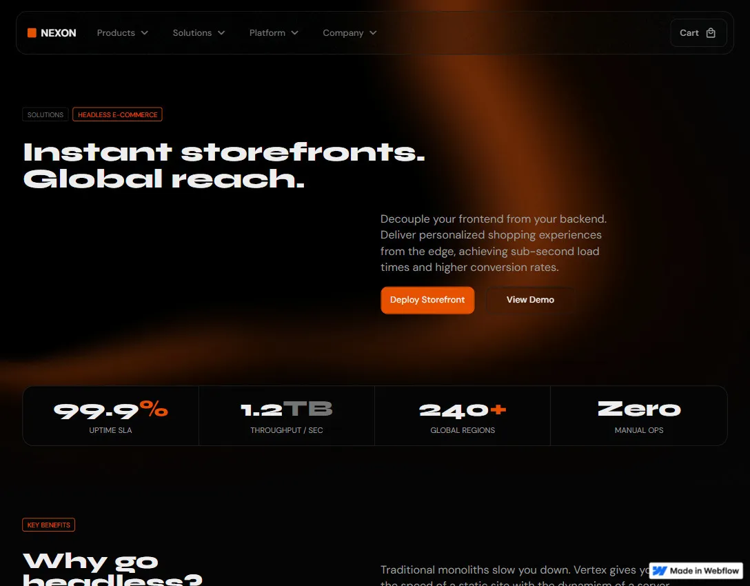 NEXON website header advertising headless e-commerce with instant storefronts, global reach, 99.9% uptime, 1.2TB throughput, 240+ global regions, and zero manual operations, with buttons to deploy storefront and view demo.