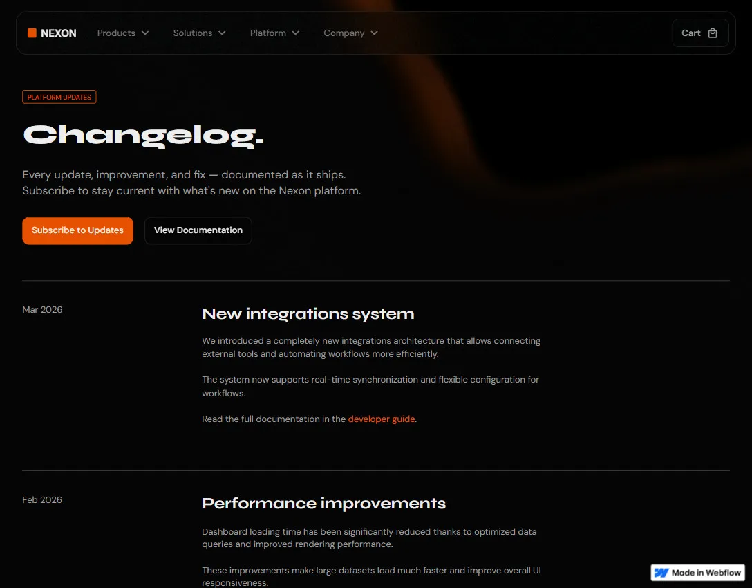 Nexon Changelog page showing platform updates including new integrations system and performance improvements with subscription and documentation buttons.