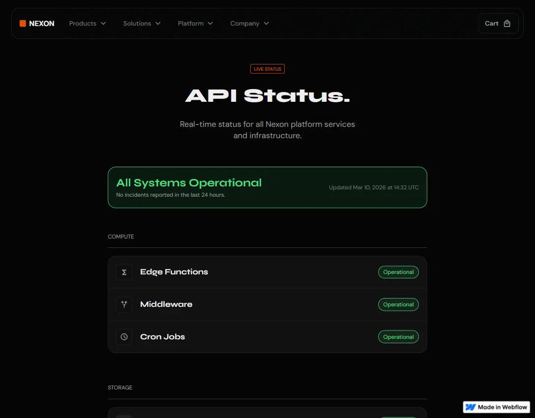 Nexon API status page showing all systems operational with real-time updates, including Edge Functions, Middleware, and Cron Jobs marked operational.