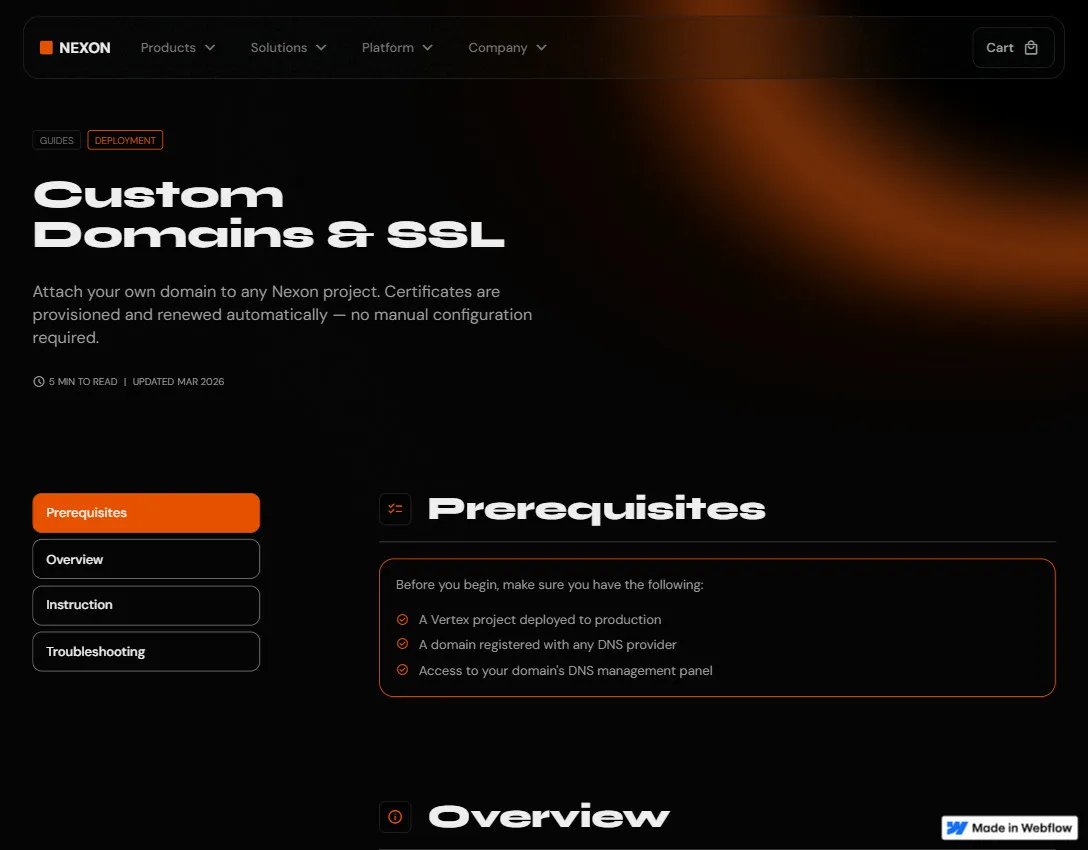 Nexon guide webpage for Custom Domains & SSL with sections on prerequisites, overview, instruction, and troubleshooting on a dark background.