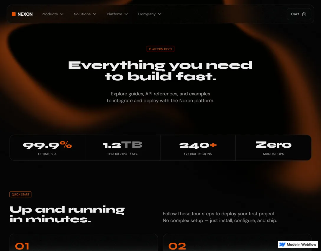 Nexon platform webpage showing headline 'Everything you need to build fast,' uptime SLA of 99.9%, throughput of 1.2TB/sec, 240+ global regions, and zero manual operations.