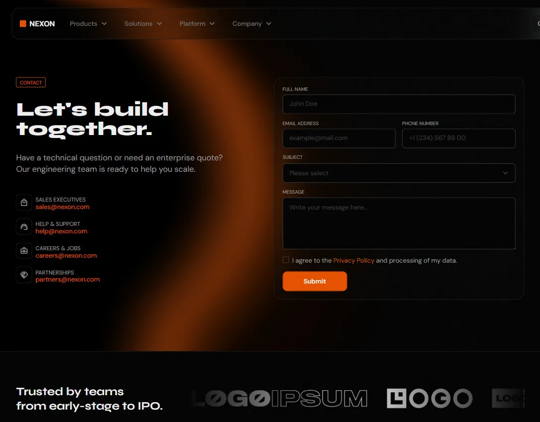 Nexon contact page with form fields for full name, email, phone, subject, and message, plus contact emails for sales, support, careers, and partnerships.