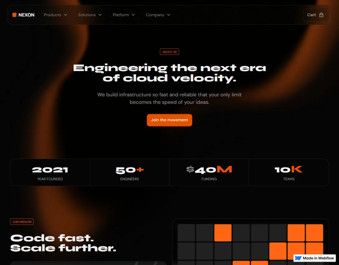 Nexon's website header showing navigation menu, tagline 'Engineering the next era of cloud velocity,' company stats including year founded 2021, 50+ engineers, $40M funding, 10K teams, and slogan 'Code fast. Scale further.'
