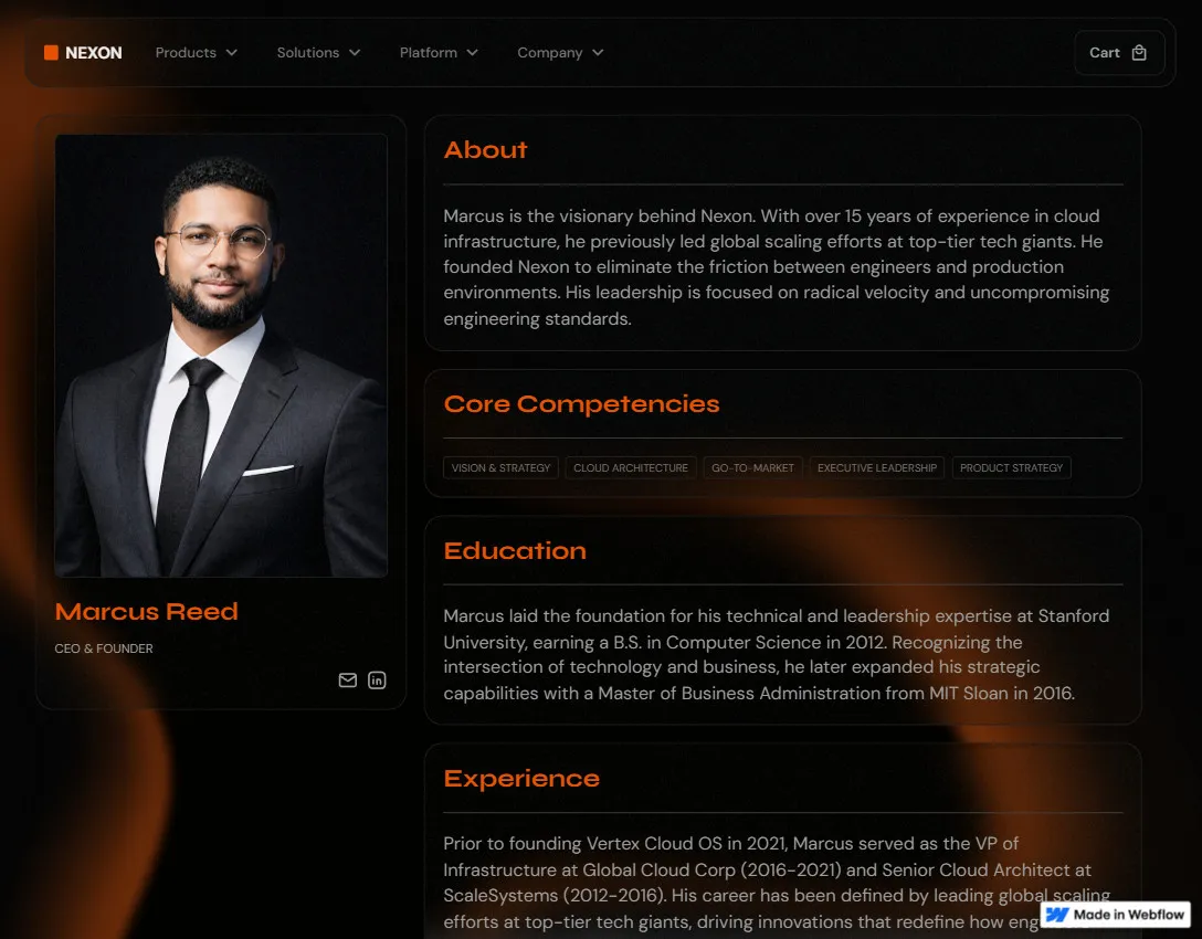 Professional headshot of Marcus Reed in a suit and tie, alongside his bio and career details at Nexon, including education, experience, and core competencies.