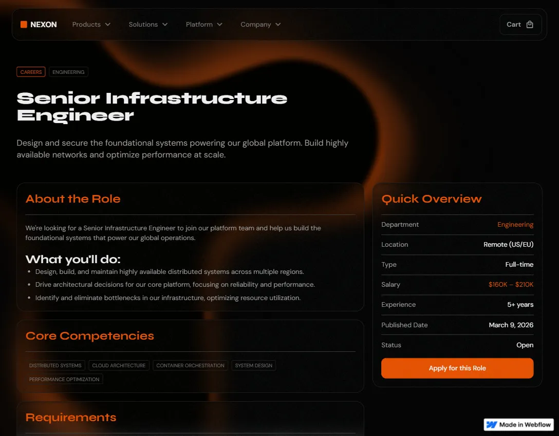 Job listing for Senior Infrastructure Engineer at Nexon with role description, core competencies including distributed systems and cloud architecture, and quick overview showing remote full-time position with salary $160K-$210K.