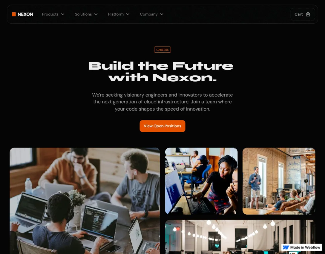 Nexon careers page with headline 'Build the Future with Nexon' and images of diverse teams working together in an office.