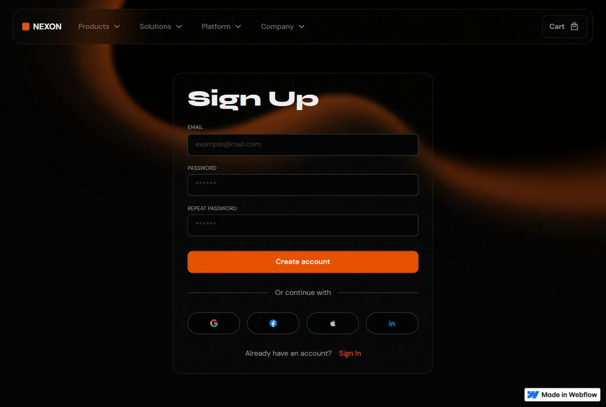 NEXON sign-up form with fields for email, password, repeat password, orange Create account button, social login options, and sign-in link.