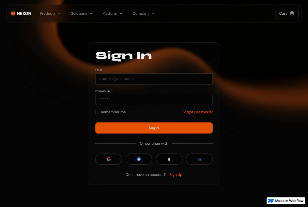 NEXON sign-in page with fields for email and password, remember me checkbox, forgot password link, login button, social login options for Google, Facebook, Apple, LinkedIn, and a sign-up link.