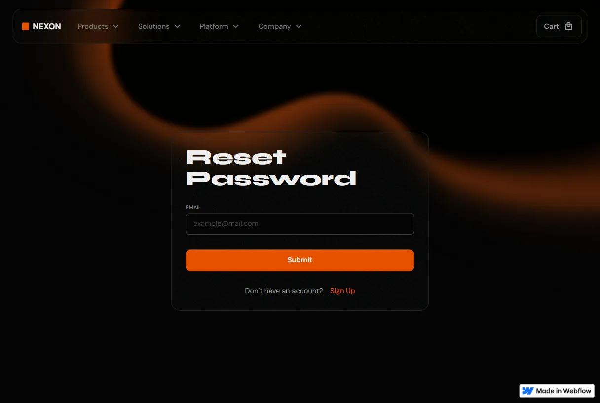 NEXON Reset Password page with email input field and orange Submit button on dark background.