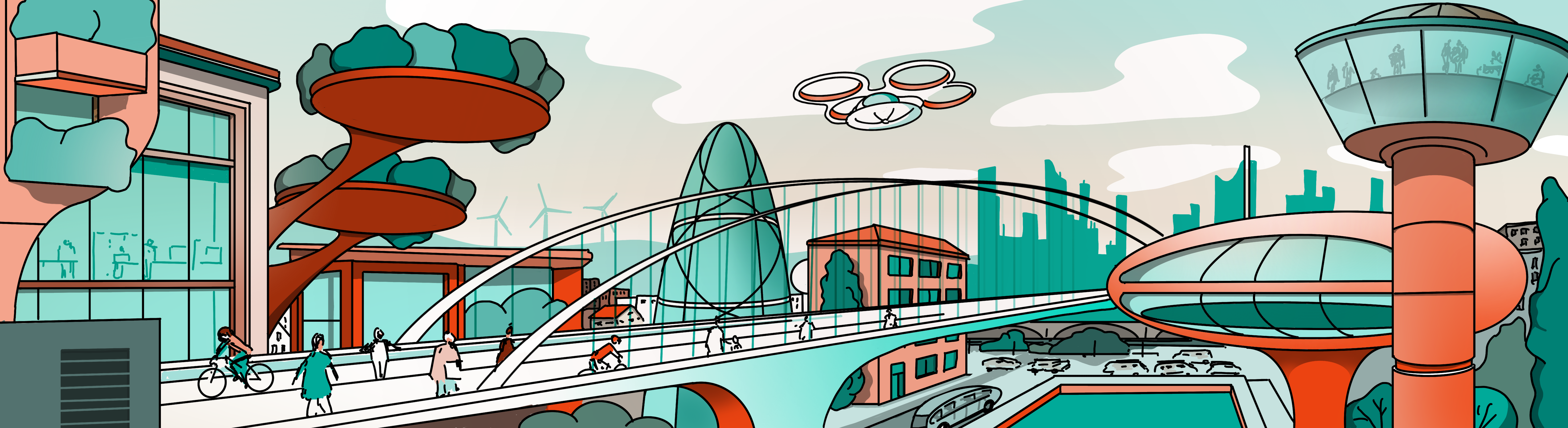 Custom illustration of a futuristic urban scenario - handmade by Johannes Guendel, Freiburg