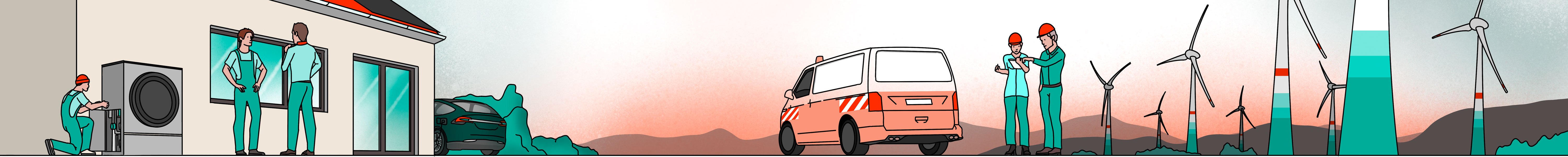 Techniker warten eine Wärmepumpe außerhalb eines Hauses, im Hintergrund Windkraftanlagen bei Sonnenuntergang. Gezeichnet von Joannes Gündel