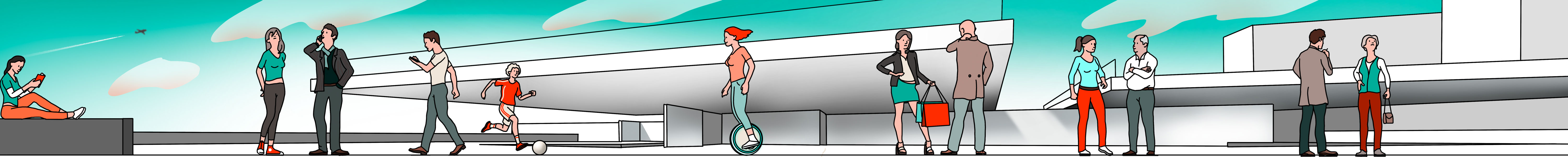 Illustration einer Gruppe von Menschen mit verschiedenen Aktivitäten vor einem modernen Gebäude unter blauem Himmel.Gezeichnet von Johannes Gündel