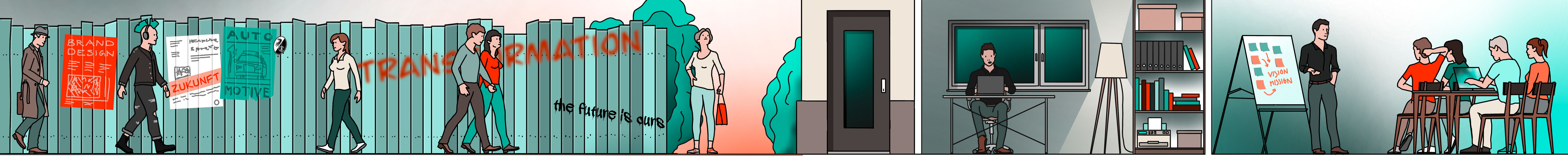 Menschen gehen vor einem Zaun mit den Worten Transformation und Zukunft, links ein Büroflur mit Tür und Lampe, rechts eine Gruppe bei einer Präsentation neben einem Flipchart. Illustration von Johannes Gündel
